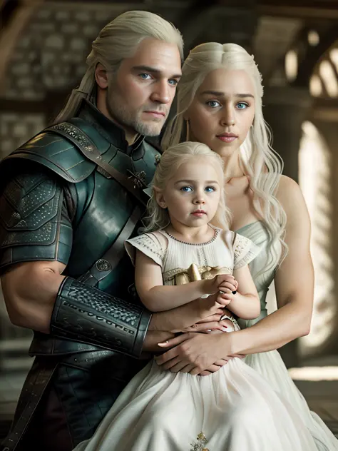 raw fullbody ((family photo of a father and mother holding their daughter)), 1girl, [daenerys targaryen|Emilia Clarke], (1man, H...