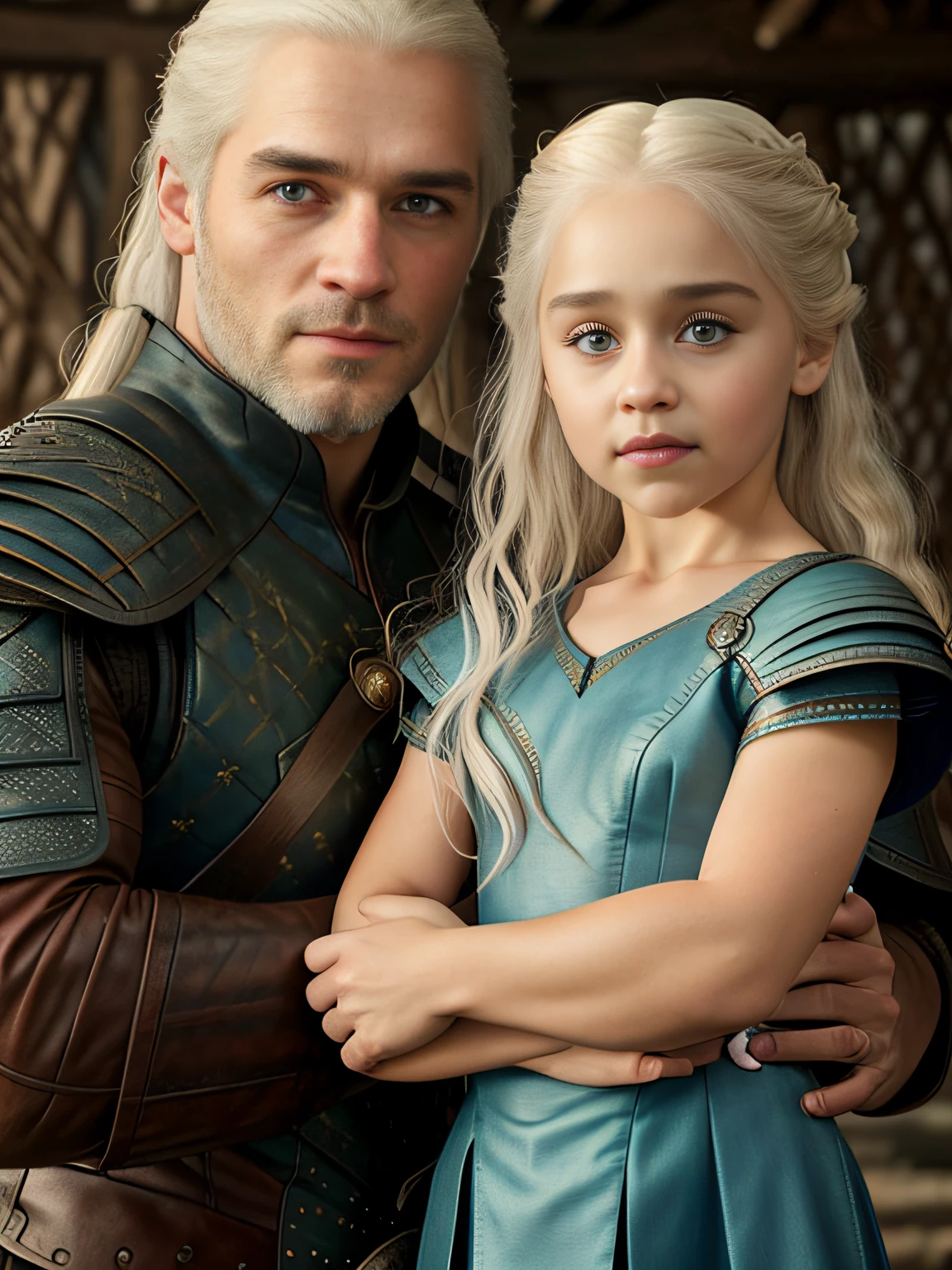 raw fullbody ((family photo of a father and mother holding their daughter)), 1girl, [daenerys targaryen|Emilia Clarke], (1man, Henry Cavill as Geralt de Rivia The Witcher), playing with their ((5 year old daughter)))), medieval clothing,((half body shot)), realistic proportions, realistic pupils, ((3 member family portrait)) limited palette, highres, cinematic lighting, 8k resolution, front lit, sunrise, RAW photo, Nikon 85mm, Award Winning, Glamour Photograph, extremely detailed, beautiful Ukrainian, mind-bending, Noth-Yidik, raw fullbody photo of Daenerys Targaryen and Geralt de Rivia The Witcher with 5 year old daughter, highly detailed, artstation, smooth, sharp focus, 8K,, trending on instagram, trending on tumblr, hdr 4k, 8k