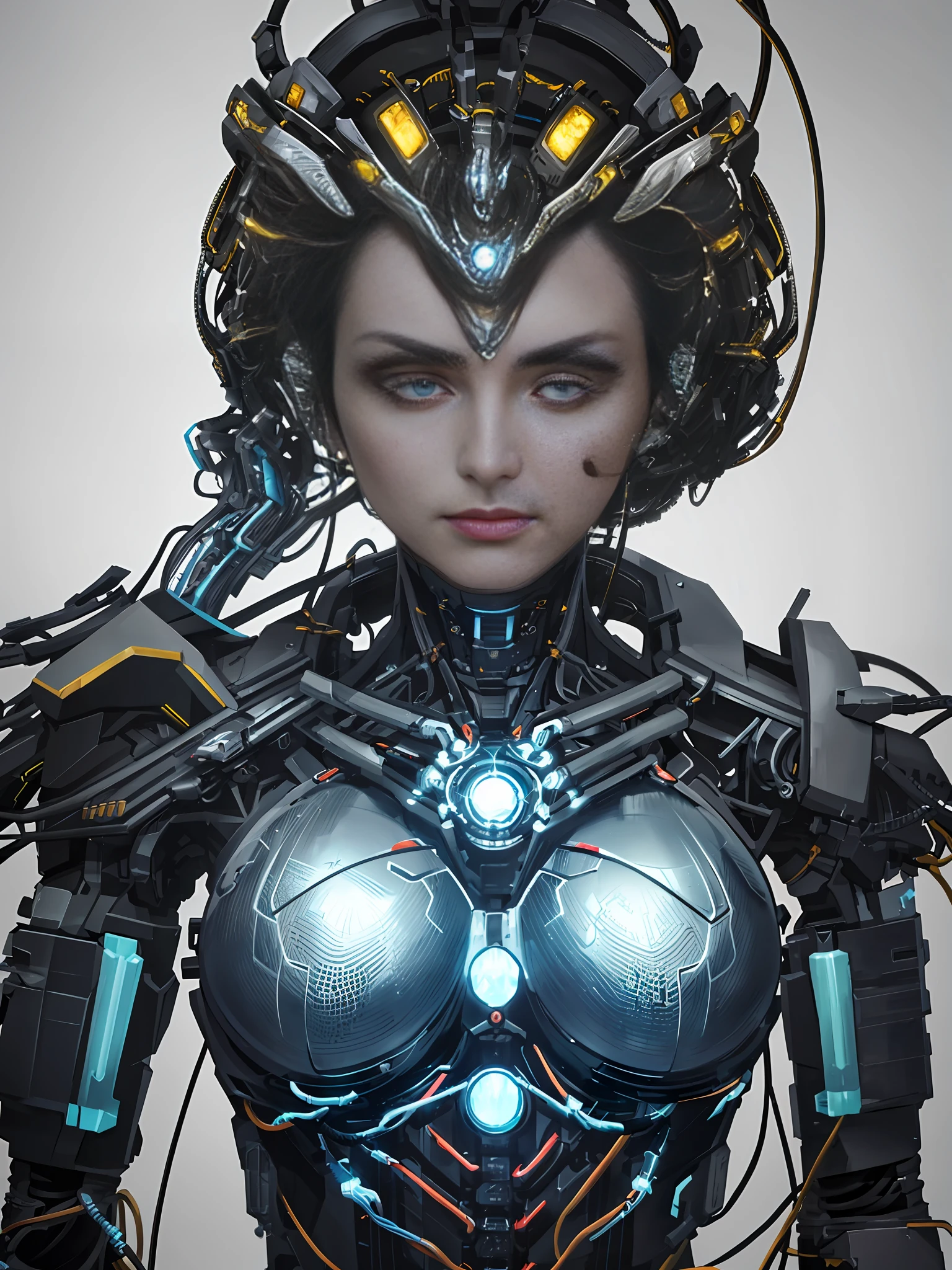 1mechanical girl,ultra realistic details, portrait, global illumination, shadows, octane render, 8k, ultra sharp,intricate, ornaments detailed, cold colors, metal, egypician detail, highly intricate details, realistic light, trending on cgsociety, glowing eyes, facing camera, neon details, machanical limbs,blood vessels connected to tubes,mechanical vertebra attaching to back,mechanical cervial attaching to neck,sitting,wires and cables connecting to head