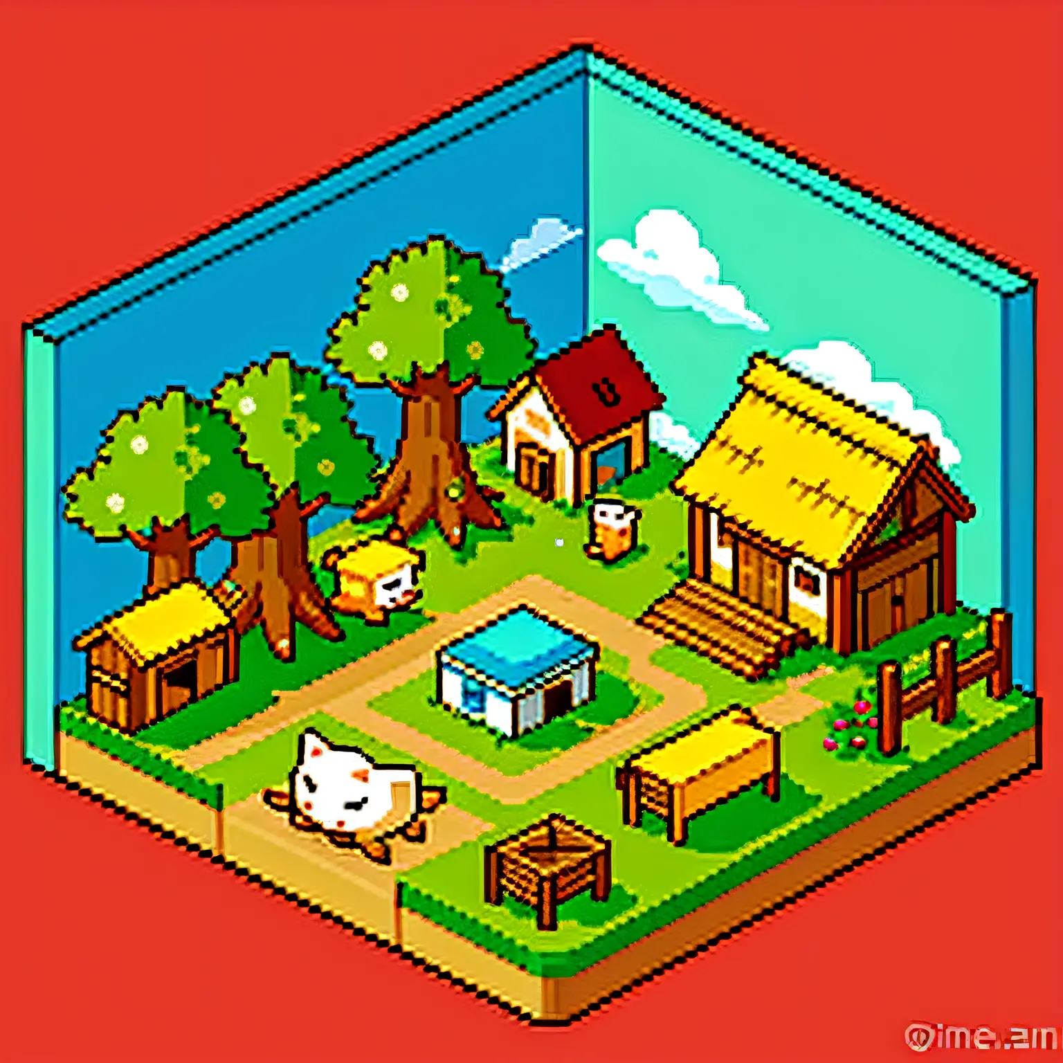 A farm of pixel art, cute, warm and comfortable, Nintendo, Animal Crossing, simple background,