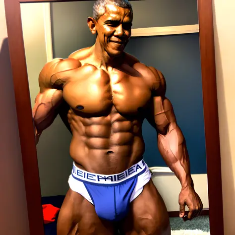 Muscular, Barack Obama, huge pecs, big bulge in underwear, mirror selfie, detailed face