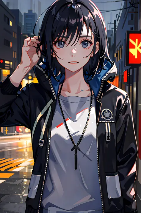 1girl, jacket, rain, outdoor, hoodie, open jacket, chain, backpack, looking at another, messy hair, trending on artstation, 8k resolution, highly detailed, anatomically correct, sharp image, digital painting, concept art, trending on pixiv, style of makoto...