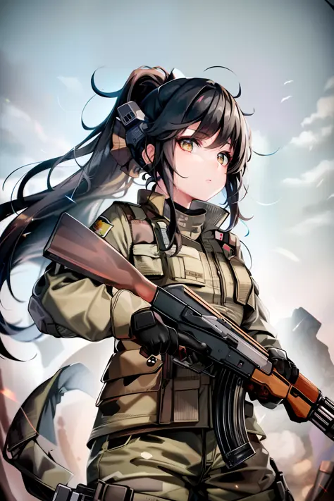 1 girl, folded_ponytail, gloves, gun, military, military_uniform, AK-47, sky, solo, upper_body, weapon
Watch the viewer, masterpieces, the best quality,