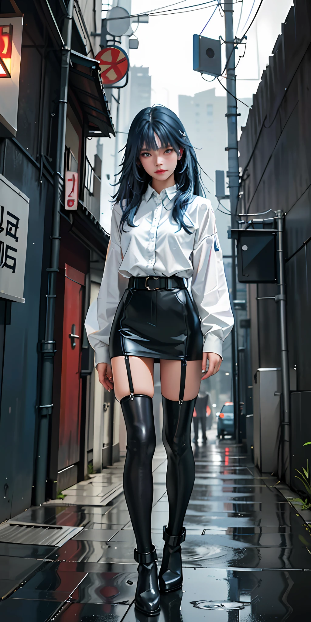 (best quality, masterpiece: 1.3), 1girl, rainy day, fog, alley, umbrella holding, looking at the viewer, blue hair, facing the photo, cyberpunk city, alone in the alley, neon in the alley, very reflected city, long hair, sized strands going over the alley, bars, Japan, Tokio, garter belt on one leg, knee brace on the other leg, perfect hand,  delicate, night