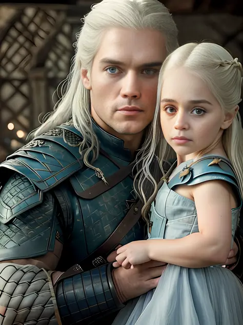 raw fullbody ((family photo of beautiful, 1girl, [daenerys targaryen|Emilia Clarke], (1man, Henry Cavill as Geralt de Rivia The ...