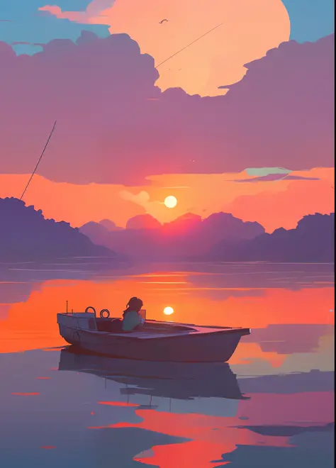 there is a boat that is floating in the water at sunset, in style of atey ghailan, atey ghailan 8 k, by Alena Aenami, by Atey Gh...