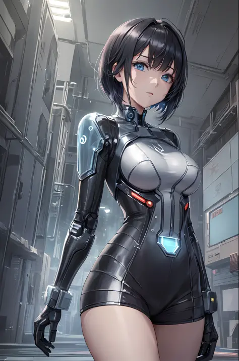 (anime style Loundraw:1.5)0.9], (soft studio lighting Wit Studio:1.4), a girl with clear, blue eyes, wearing a robotic (technological) style uniform, against a backdrop of (extremely detailed 8k CG) , from a wide place, from a cyberpunk electronic futurist...