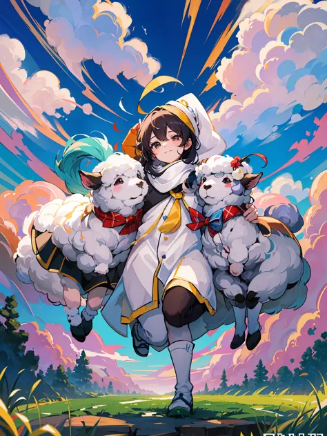 there are three sheeps that are jumping in the air, 中 元 节, soft and warm, [ [ soft ] ], soft coloring, art cover, lamb and goat ...