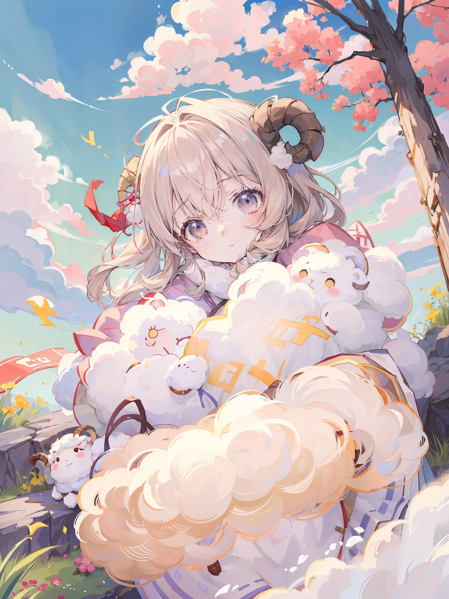 there are three sheeps that are jumping in the air, 中 元 节, soft and warm, [ [ soft ] ], soft coloring, art cover, lamb and goat fused as one, 🪔 🎨;🌞🌄, lofi, soft color, 千 葉 雄 大, soft and fluffy, soft clouds