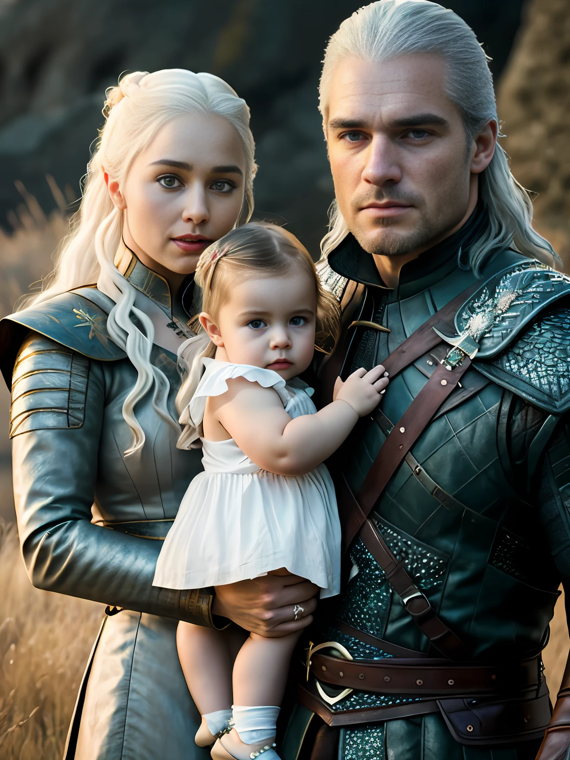 corpo inteiro cru ((family photo of a father and mother com seus daughter)), ((mãe carregando filha)), [1 garota, Daenerys Targaryen, Emília Clarke], (1 homem, Henry Cavill como Geralt de Rivia, o Mago), com seus ((1 garota, filha de 5 anos)))), roupas medievais,((Tiro de meio corpo)), proporções realistas, alunos realistas, ((retrato de família de 3 membros)) paleta limitada, alta resolução, iluminação cinematográfica, 8K resolution, frontal iluminado, nascer do sol, Foto CRU, nikon 85mm, premiado, Fotografia glamourosa, extremamente detalhado, linda ucraniana, alucinante, Não-Yidik, corpo inteiro cru photo of Daenerys Targaryen and Geralt de Rivia The Witcher with filha de 5 anos, altamente detalhado, estação de arte, suave, foco nitído, 8K,, tendências no instagram, tendências no tumblr, hd 4k, 8K