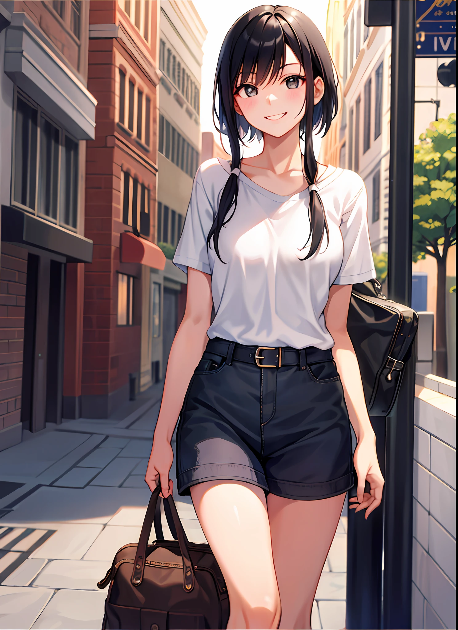 (morning), one girl, alone, looking at the viewer, cowboy shot, (downtown), cowboy shot, smile, black hair,summer