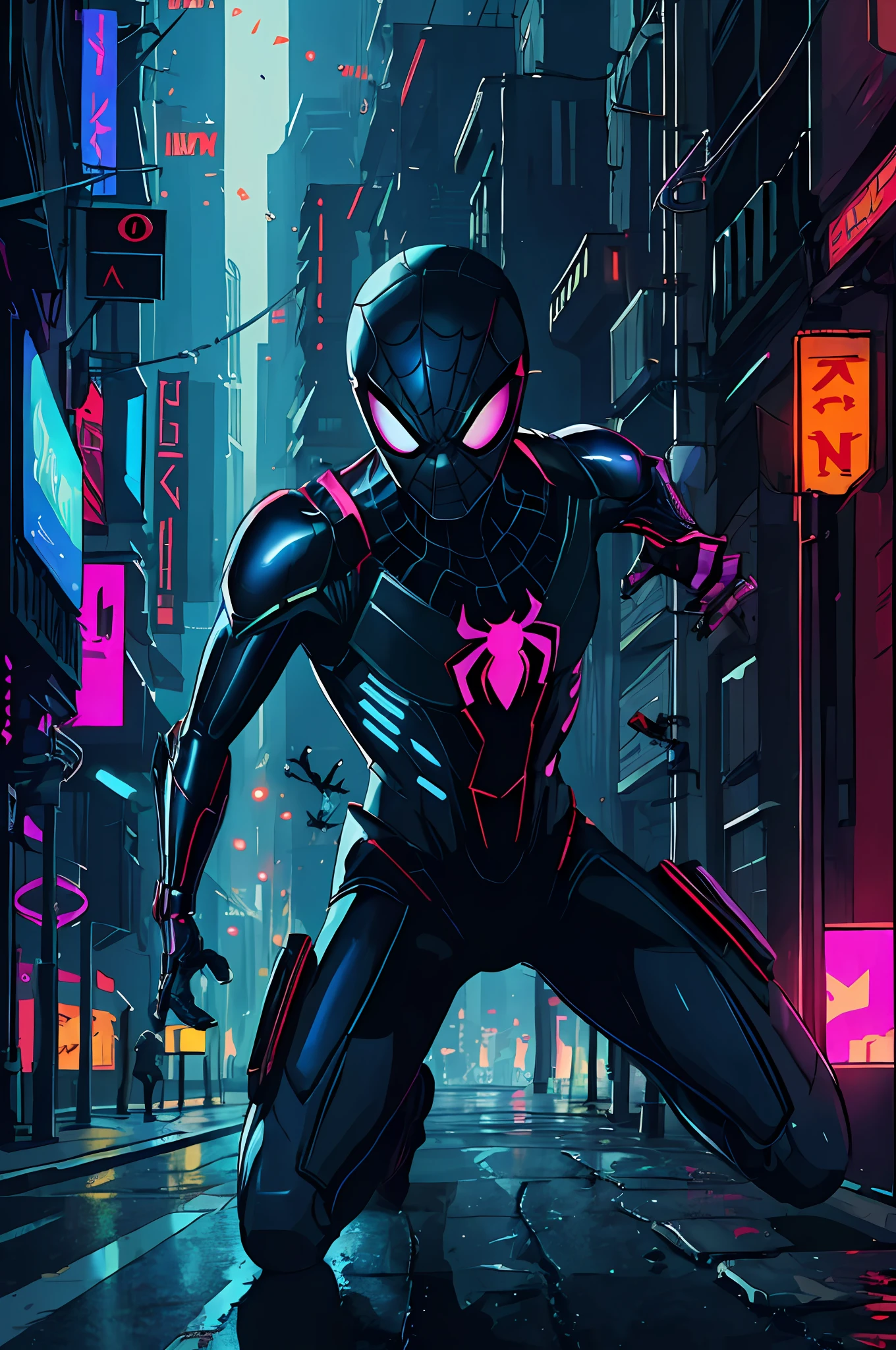 (extremely detailed CG unity 8k wallpaper, masterpiece, best quality, ultra-detailed),(best color grading, best shadow and highlight, an extremely delicate and beautiful), Cyberpunk Spider-Man, cybernetic armor suit, in a Cyberpunk metropolitan city, dynamic fighting pose, futuristic skyline.