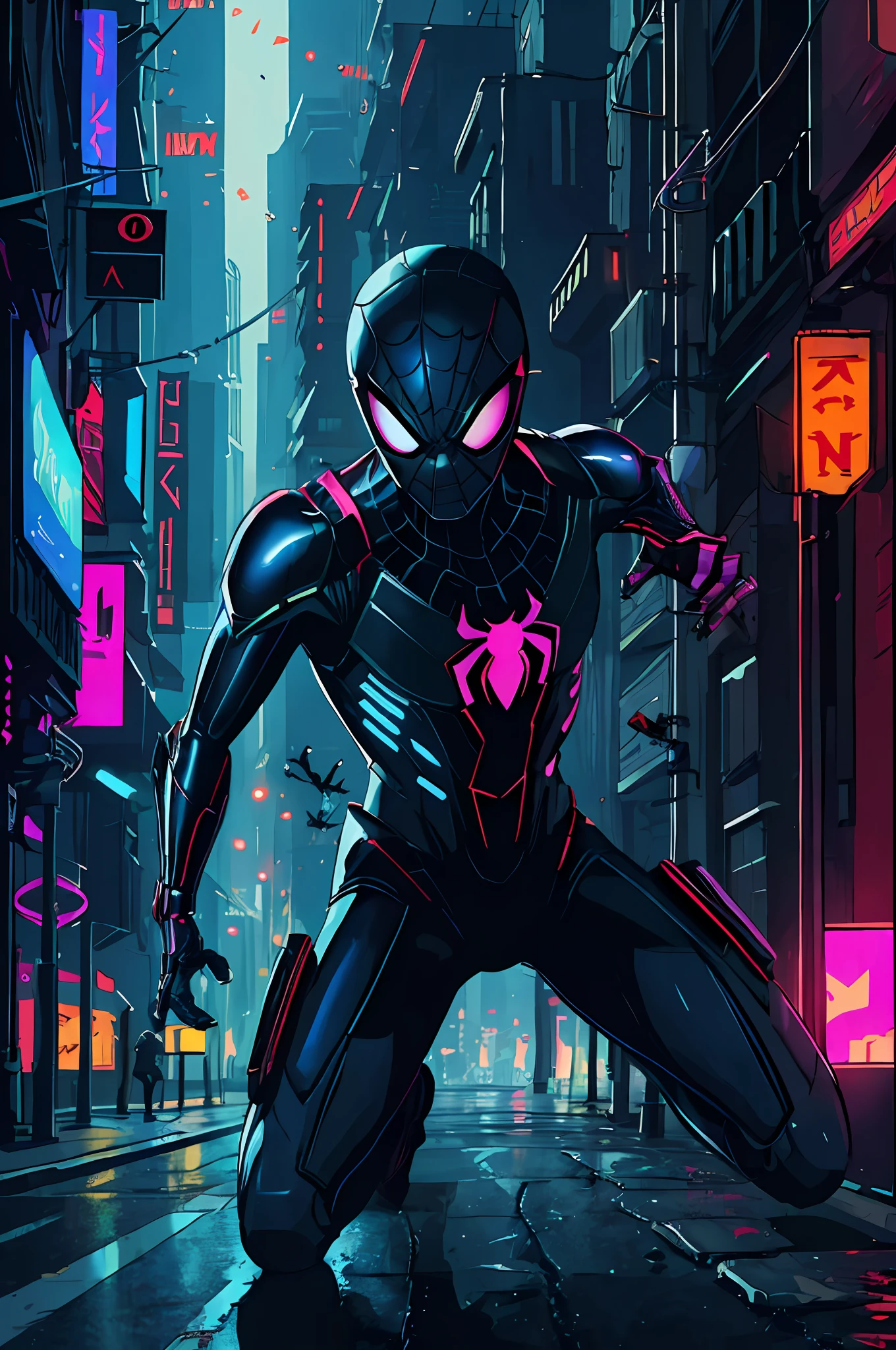 (Fondo de pantalla CG unity 8k extremadamente detallado, Obra maestra, mejor calidad, ultra detallado),(Mejor gradación de color, mejor sombra y resaltado, un extremadamente delicado y hermoso), Hombre Araña Ciberpunk, traje de armadura cibernética, en una ciudad metropolitana Cyberpunk, pose de lucha dinámica, Horizonte futurista.