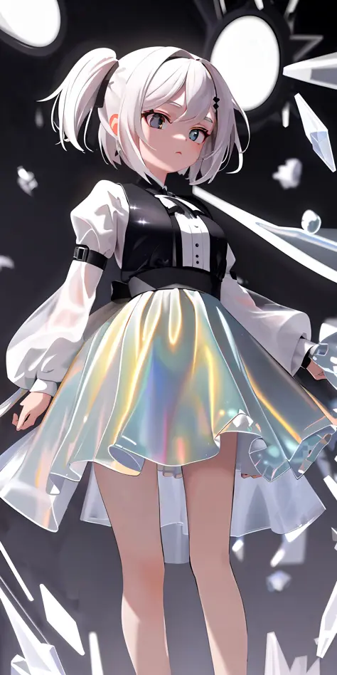 (((masterpiece))), (((best quality))), ((ultradetailed)),1girl,solo,short white hair,white transparent holographic clothing,blac...