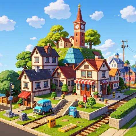 (Miniature cityscape), (Isometric:1), Cartoon style, (Sandbox game style), (White background), (superb detail), Train, Lighting, Clear sky, Outdoors, Landscapes, Clouds, Sky, Signs, Roads, Grass, Vending machines, Power poles, Road signs, Wires, (Railroad ...