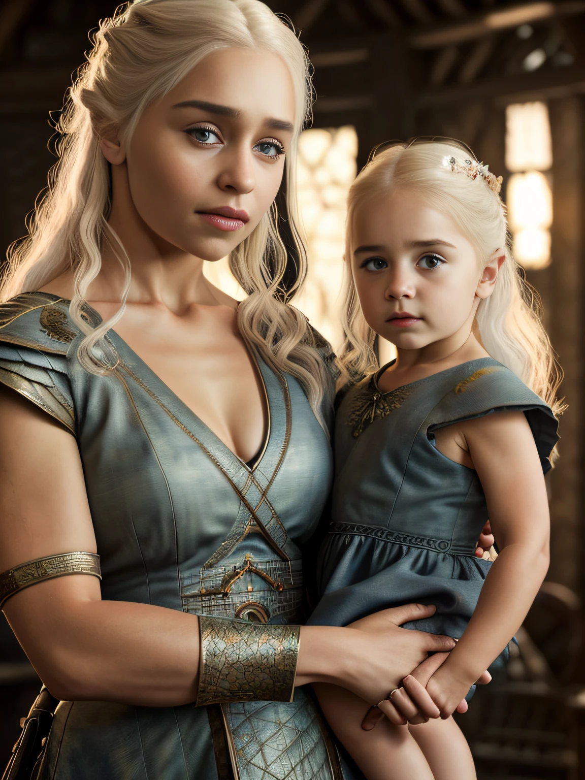 corpo inteiro cru ((family photo of a father and mother com seus daughter)), ((mãe carregando filha)), [1 garota, Daenerys Targaryen, Emília Clarke], (1 homem, Henry Cavill como Geralt de Rivia, o Mago), com seus ((1 garota, filha de 5 anos)))), roupas medievais,((Tiro de meio corpo)), proporções realistas, alunos realistas, ((retrato de família de 3 membros)) paleta limitada, alta resolução, iluminação cinematográfica, 8K resolution, frontal iluminado, nascer do sol, Foto CRU, nikon 85mm, premiado, Fotografia glamourosa, extremamente detalhado, linda ucraniana, alucinante, Não-Yidik, corpo inteiro cru photo of Daenerys Targaryen and Geralt de Rivia The Witcher with filha de 5 anos, altamente detalhado, estação de arte, suave, foco nitído, 8K,, tendências no instagram, tendências no tumblr, hd 4k, 8K