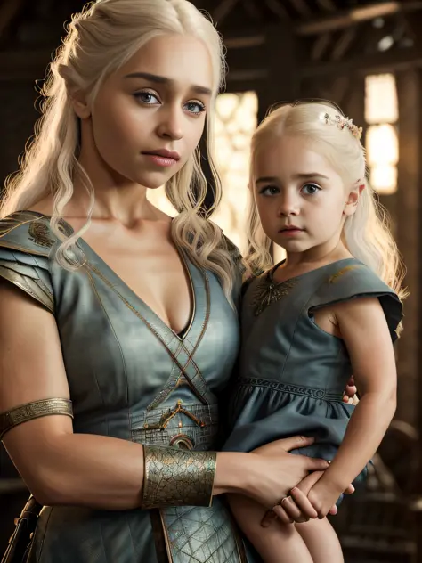 raw fullbody ((family photo of a father and mother with their daughter)), ((mother carrying daughter)), [1girl, daenerys targary...