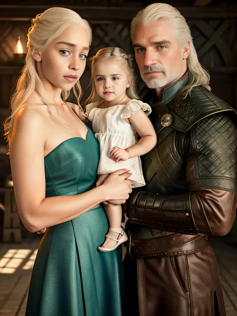 raw fullbody ((family photo of a father and mother with their daughter)), ((mother carrying daughter)), [1girl, daenerys targary...