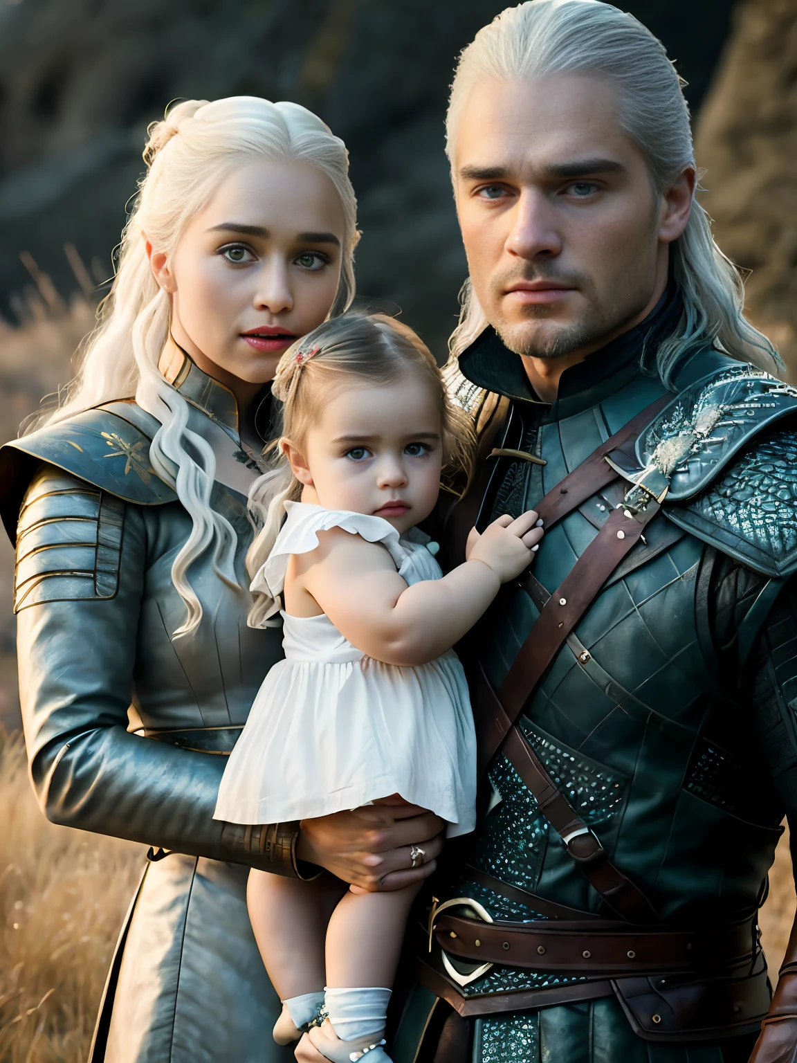 raw fullbody ((family photo of a father and mother with their daughter)), ((mother carrying daughter)), [1girl, daenerys targaryen, Emilia Clarke], (1man, Henry Cavill as Geralt de Rivia The Witcher), with their ((1girl, 5 year old daughter)))), medieval clothing,((half body shot)), realistic proportions, realistic pupils, ((3 member family portrait)) limited palette, highres, cinematic lighting, 8k resolution, front lit, sunrise, RAW photo, Nikon 85mm, Award Winning, Glamour Photograph, extremely detailed, beautiful Ukrainian, mind-bending, Noth-Yidik, raw fullbody photo of Daenerys Targaryen and Geralt de Rivia The Witcher with 5 year old daughter, highly detailed, artstation, smooth, sharp focus, 8K,, trending on instagram, trending on tumblr, hdr 4k, 8k