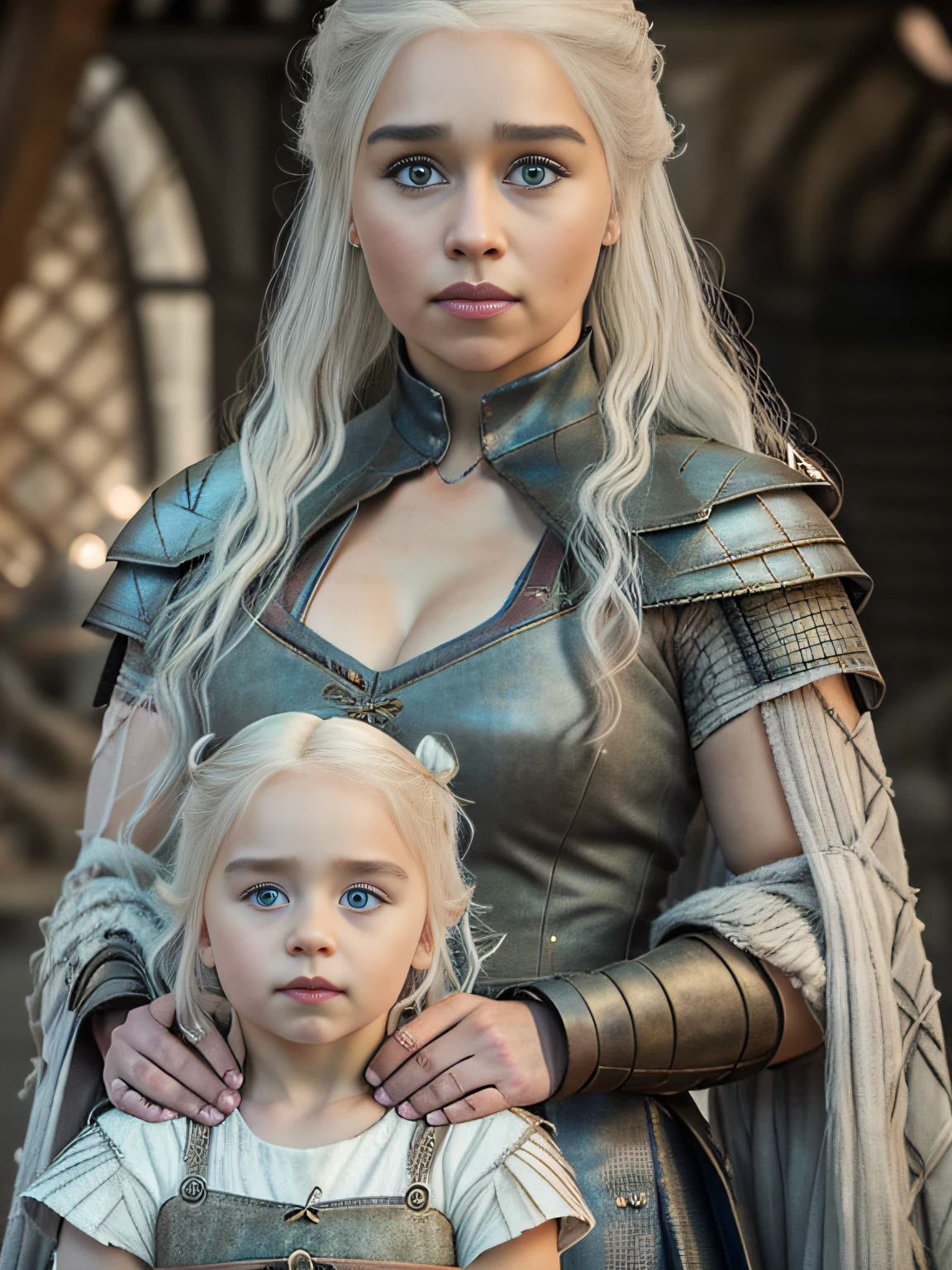 raw full body ((family photo of a father and mother with their daughter)), ((mother carrying daughter)), [1girl, daenerys targaryen, Emilia Clarke], (1man, Henry Cavill as Geralt de Rivia The Witcher), with their ((1girl, 5 year old daughter)))), medieval clothing,((half body shot)), realistic proportions, realistic pupils, ((3 member family portrait)) limited palette, highres, cinematic lighting, 8k resolution, front lit, sunrise, RAW photo, Nikon 85mm, Award Winning, Glamour Photograph, extremely detailed, beautiful Ukrainian, mind-bending, Noth-Yidik, raw fullbody photo of Daenerys Targaryen and Geralt de Rivia The Witcher with 5 year old daughter, highly detailed, artstation, smooth, sharp focus, 8K,, trending on instagram, trending on tumblr, hdr 4k, 8k