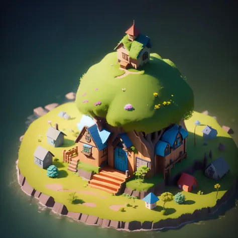 a close up of a small house on a small island, stylized 3d render, 3 d render stylized, stylized as a 3d render, cute 3 d render, stylized 3 d, fantasy 3 d render, isometric 3d fantasy cute house, daily render, beautiful render of a fairytale, super detail...