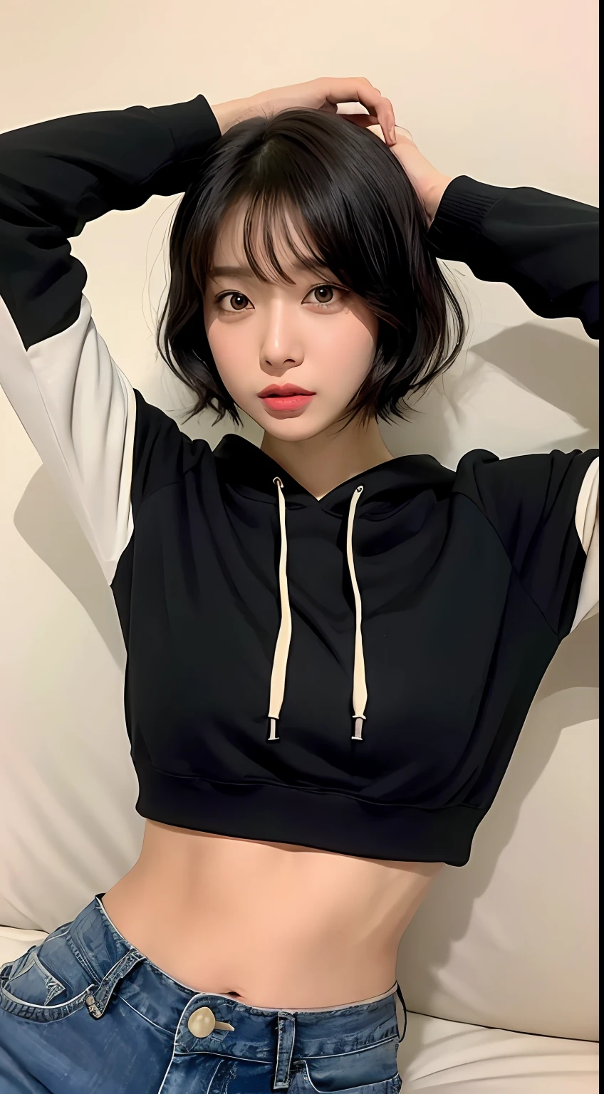 (Top Quality, 8k, 32k, Masterpiece, UHD: 1.3), (Charming Japan Female Pictures), One Girl, (Small: 1.2), (Short Wavy Hair), Abs, Perfect Body, Ultra Detailed Face, Detailed Lips, Fine Eyes, Double Eyelids, Hoodie, On Bed, (Seductive), ((Excited: 1.5)), ((Areola Slip)), Short Cut, Black Hair, Pants