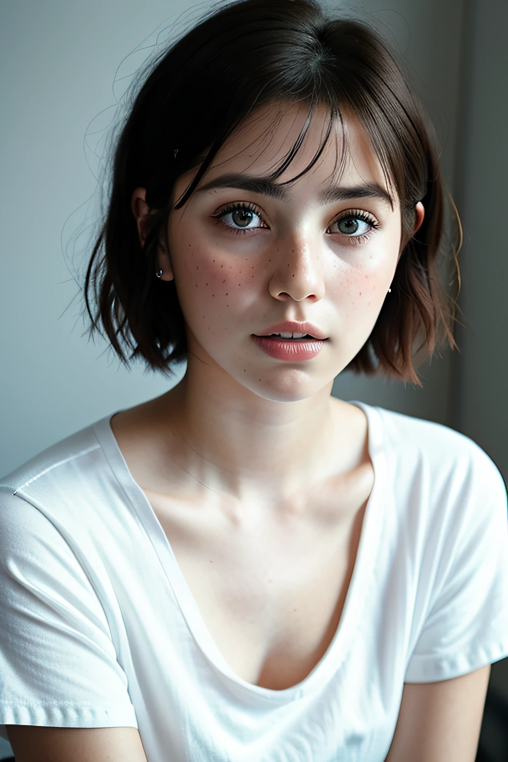 Detailed and realistic portrait of a woman with some freckles, round eyes and messy short hair, wearing a white t-shirt, staring at the camera, chapped lips, soft natural light, portrait photography, magical photography, dramatic lighting, photorealism, ultra-detailed, intimate portrait composition, Leica 50mm, f1. 4 pcs
