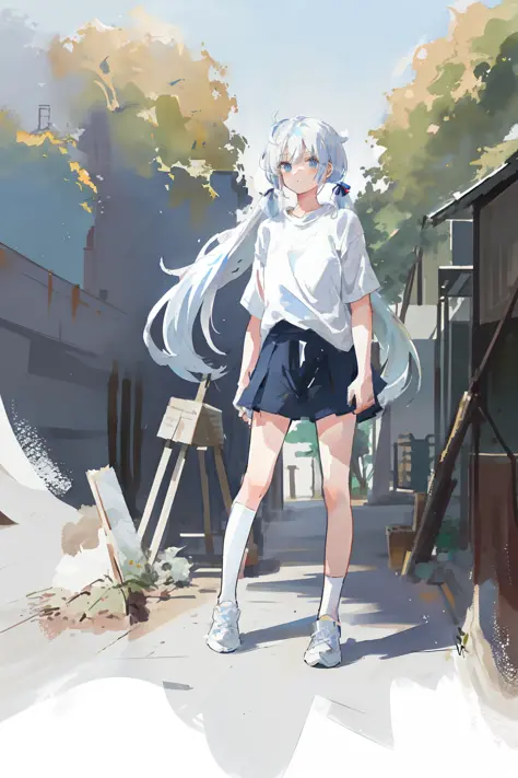 (best quality, masterpiece), 1girl, (female focus), ahoge, white blue hair, ((white shirt), (overfit shrit)), long hair, standin...