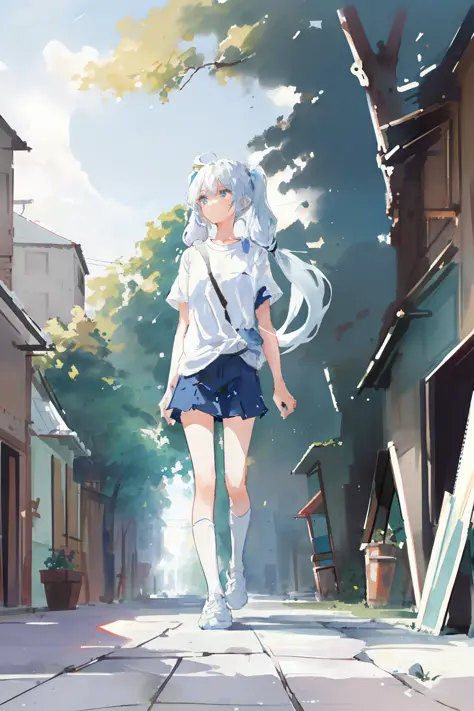 (best quality, masterpiece), 1girl, (female focus), ahoge, white blue hair, ((white shirt), (overfit shrit)), long hair, standin...