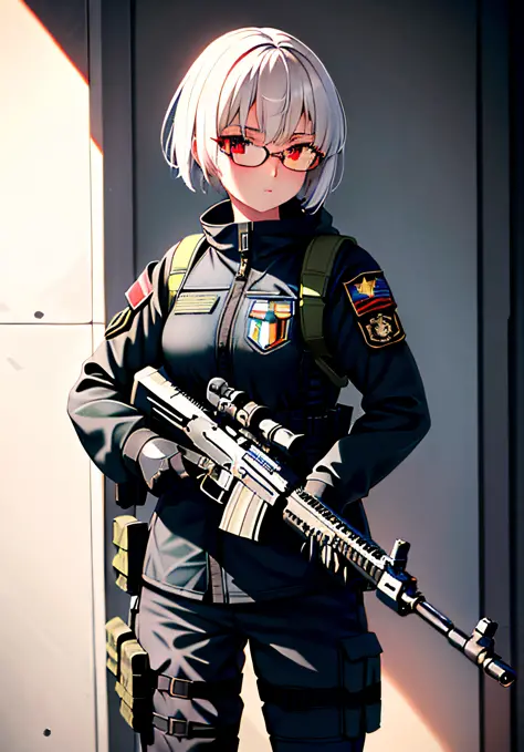 masterpiece , a girl, ( lite white short hair:1.2), (red eyes:1.2), (special ops uniform:1.2), (looks at the viewer:1.2) , (8k, ...