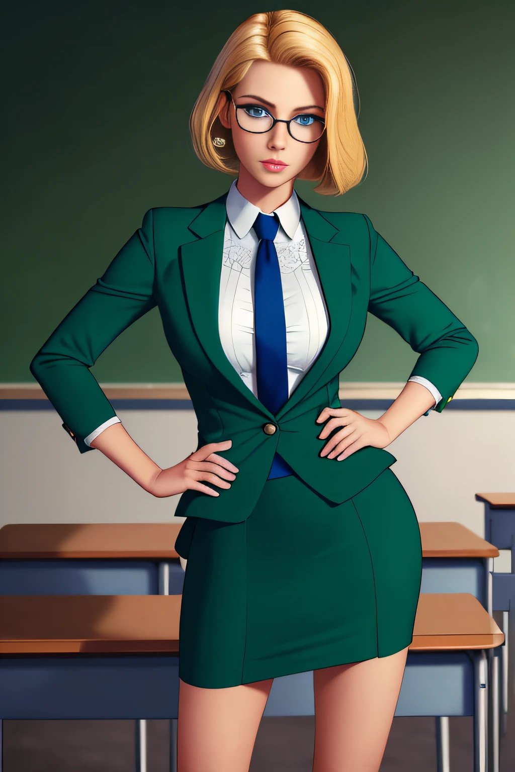 ((best quality)), ((masterpiece)), ((ultra realistic)), (dynamic heroic pose), american blonde, beautiful detailed face, detailed eyes, sexy teacher, dressed in a green suit, pencil skirt, classroom backdrop, highly detailed, professional, bare legs, (full body), hands on hip, bob hair, short hair, blue eyes, matching shoes, standing, solo, tied up hair, glasses,