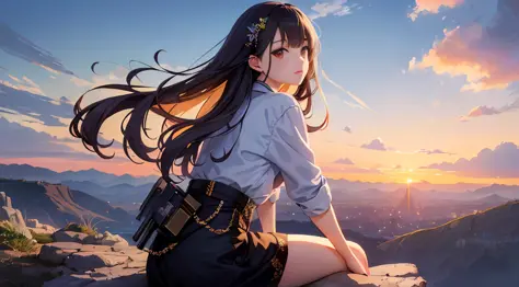 Top quality, Masterpiece, Very detailed, Detailed background, Anime, 1 girl, pretty girl, retro, lansdscape, outdoors, sunset, beautiful sky, mountains, sitting on rocks,megastructure, landscape, horizon, , wind, look away, atmospheric lighting, solo focus...