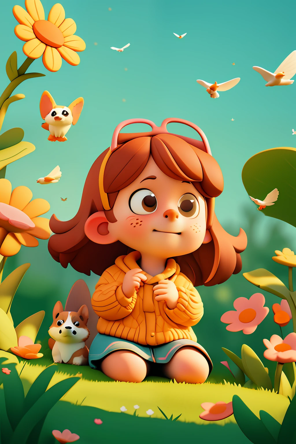 Cartoon style, (Pixar style), a cute girl and a corgi puppy, sitting, little girl reaching out to touch corgi's head, warm interactive atmosphere, outdoors, park lawn, 3D, Unreal Engine, detailed face, soft sunlight, glare, birds, flowers