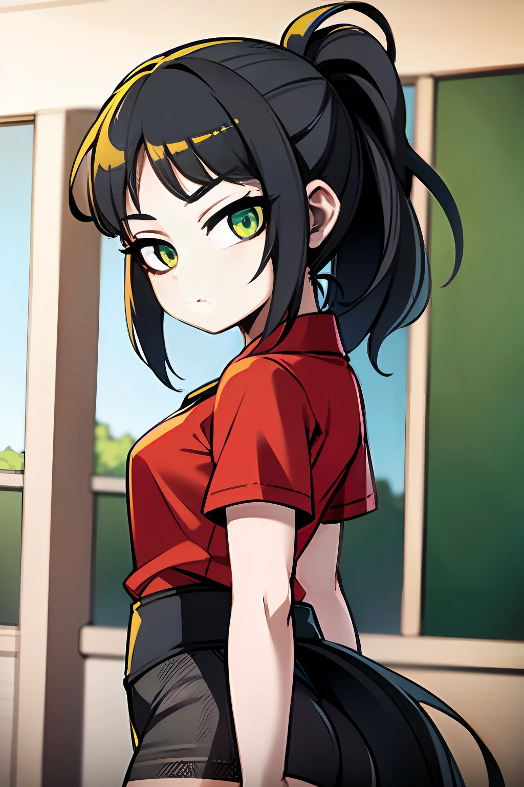masterpiece, high quality, (anime), best quality, 1girl, very detailed eyes and face, loose red shirt, dynamic pose, dynamic light, face only, ponytail hair, (background: classroom), (((green eyes))), dark hair, ((((red shirt)))), ((yellow logo)), denim shorts, aquamarine shorts, ((excited)), black hair, yellow bun, stop, ((short long))), (gray tights), front view,  dark black hair, flat chest, (15 years), small figure, small thighs, (G logo), large size shirt, thin body, ponytail hair, ((dynamic background)), dark greenish hair, close view,