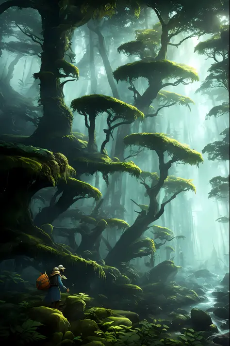 explorer in deep elder growth forest intricately detailed natural volumetric lighting fantasy atmosphere