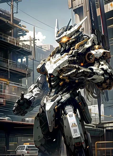A robot with Glowing Eyes. Holding weapons under bright shining sky. Envelop the realistic backdrop of the urban area. It has a science fiction atmosphere. A divine pitch-black mecha.