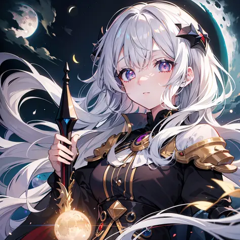 Extremely detailed CG Unity 8k wallpaper, super detailed, best illustration, princess head, girl, alternative hair color, black hair, white hair, glowing eyes, ((moon)), masterpiece, best quality, staff, spell