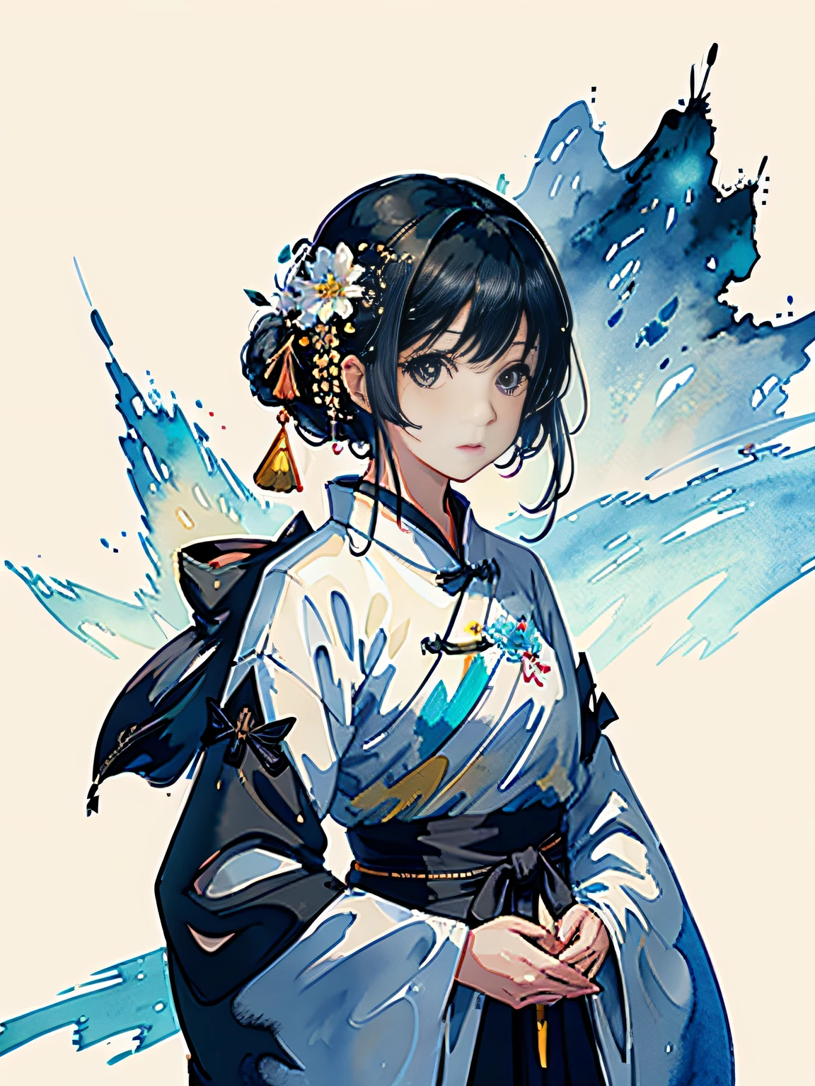Portrait, Beautiful Avatar, Watercolor, (Illustration: 1.1), (Best Quality), (Masterpiece: 1.1), (Very Detailed CG Unity 8k Wallpaper: 1.1), (Color: 0.9), (Panorama: 1.4), (Full Body: 1.05), (Single: 1.2), (Splash Ink), (Splash Color), ((Watercolor)), Clear and Sharp, {1girl Standing}, ((Chinese Style)), Flower Background, Outdoor, Rock, Looking at the Viewer, Making Happy Expressions, Soft Smile , pure, beautiful detailed face and eyes, beautiful intricate clothing pattern details, black hair, black eyes, colorful watercolor