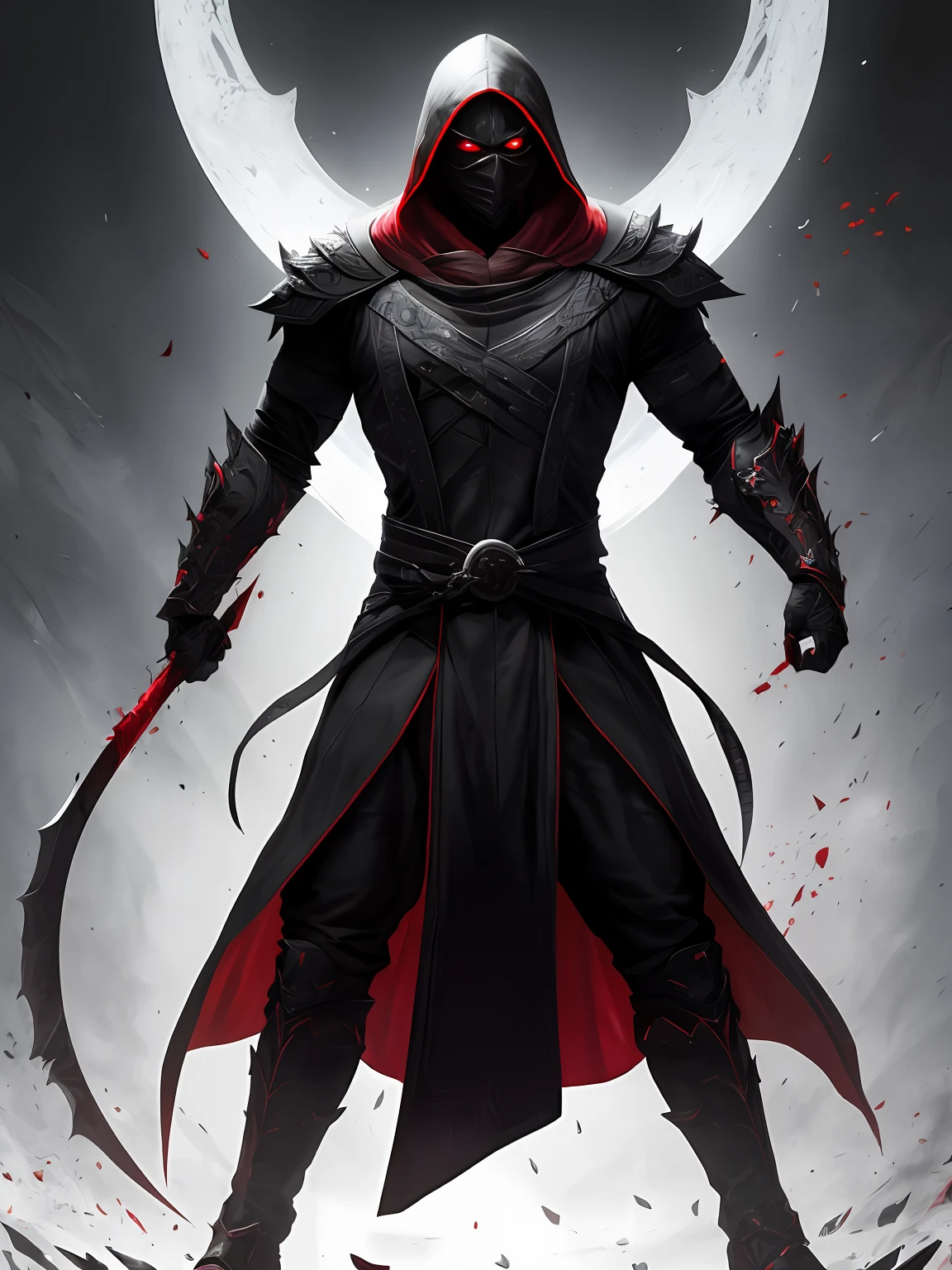 1man, a portrait, full body, noob saibot of mortal kombat, white mask, swords, detailed red eyes, hatred and anger in the eye, detailed black armor stained with blood, hood, cape with red interior, intricate, high detail, sharp focus, dramatic and photorealistic painting art by greg rutkowski