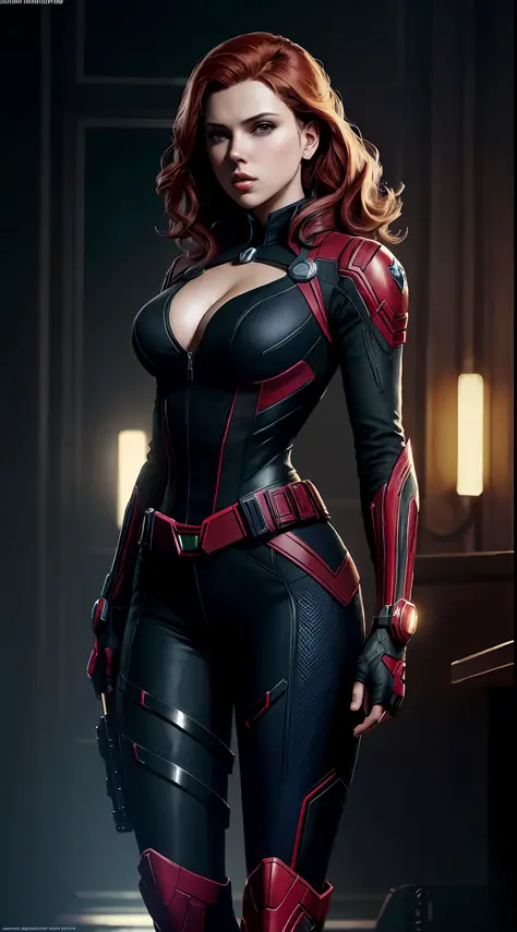 Scarlett Johansson as a black widow from the Marvel universe, super detailed, super detailed black widow costume, high-quality face study, full body, super quality for competition, ((black widow costume, superheroine)), (superhero pose: 1.1), (perfect body...