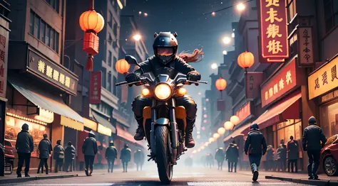 Poster, background dark night Chinese downtown style, 3D, a team galloping on the street, there is a child eating sugar balls in front, cartoon cute, a lot of details, the sense of space before and after is obvious, the picture should have impact --auto --...
