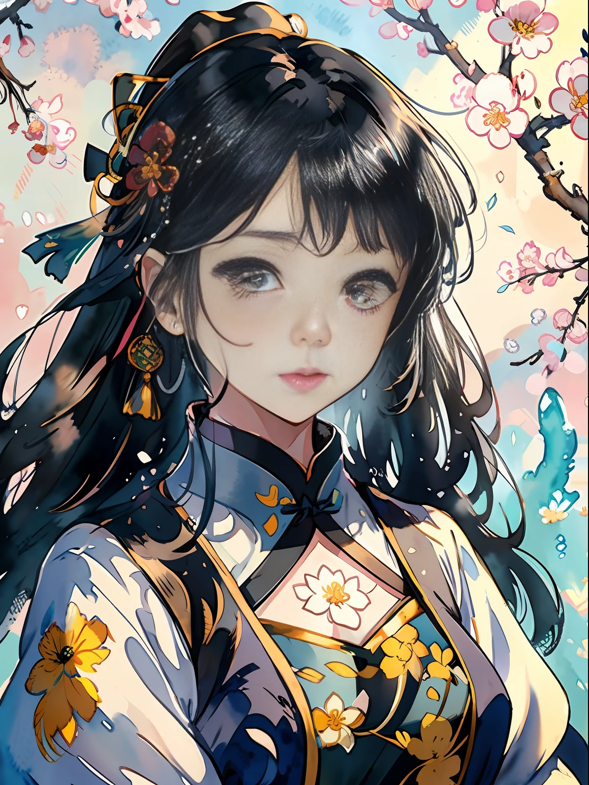 Portrait, Beautiful Avatar, Watercolor, (Illustration: 1.1), (Best Quality), (Masterpiece: 1.1), (Very Detailed CG Unity 8k Wallpaper: 1.1), (Color: 0.9), (Panorama: 1.4), (Full Body: 1.05), (Single: 1.2), (Splash Ink), (Splash Color), ((Watercolor)), Clear and Sharp, {1girl Standing}, ((Chinese Style)), Flower Background, Outdoor, Rock, Looking at the Viewer, Making Happy Expressions, Soft Smile , pure, beautiful detailed face and eyes, beautiful intricate clothing pattern details, black hair, black eyes, colorful watercolor