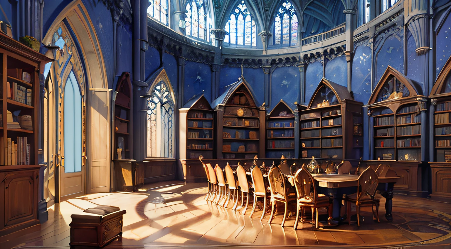 Castle towers, Harry Potter, Ravenclaw, lounges, arched windows, blue silk hanging on the walls, domed ceilings painted with stars, dark blue carpets with stars, tables, chairs, bookshelves on the floor --auto --s2