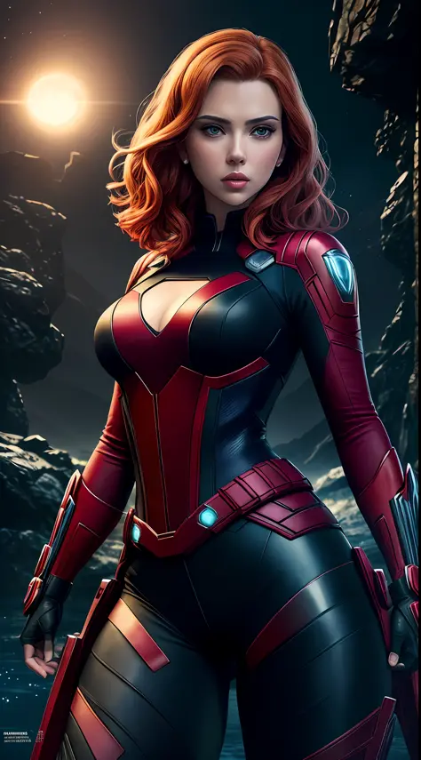 Scarlett Johansson as Natasha Romanoff from the Marvel universe, super detailed, super detailed costume, high-quality face study, on an alien planet, bright lighting, contrasting lighting, water, three moons in the sky, sunny day, full body, super quality ...