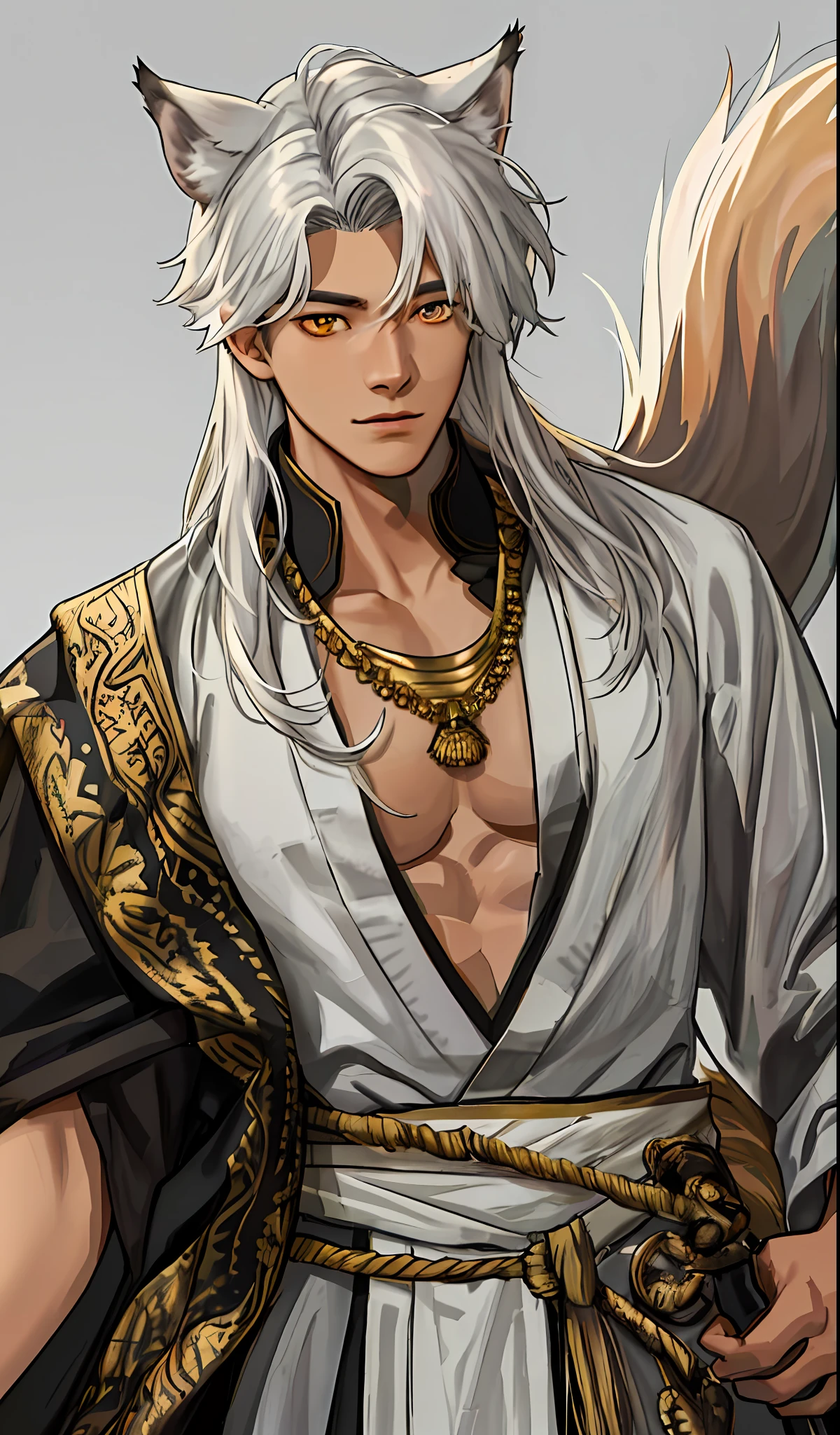 An incredibly detailed portrait of a handsome asian boy with dark skin, wolf ears and tail, golden eyes, and long white messy hair arranged over one eye, wearing only a loincloth. The focus should be on his extremely detailed face, which should be breathtakingly realistic and capture every nuance of his expression. realistic, who is only shirtless, close up to his face, portrait of himself.