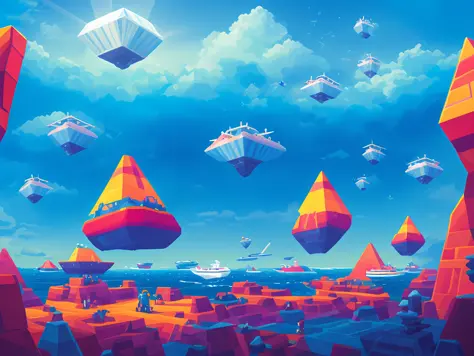 An oil painting, extremely realistic, with a pyramidal cube in a bluish sky surrounded by ships, with UFO beings around