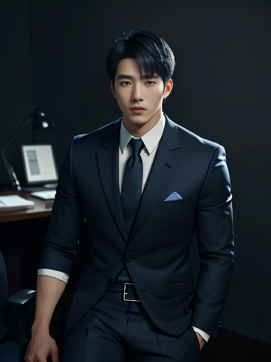 (Korean male, double eyed, 1 Wearing a dark blue suit over a white round neck shirt and wearing dark blue trousers, no tie, attractive and serious look, dark short haircut, straight hair, side flop, slightly forehead showing, shaved and medium muscular strong body (high quality and realistic image), sitting on a work chair in the background of dark black office and cinematic style lighting ((best quality, 8k, Masterpiece)