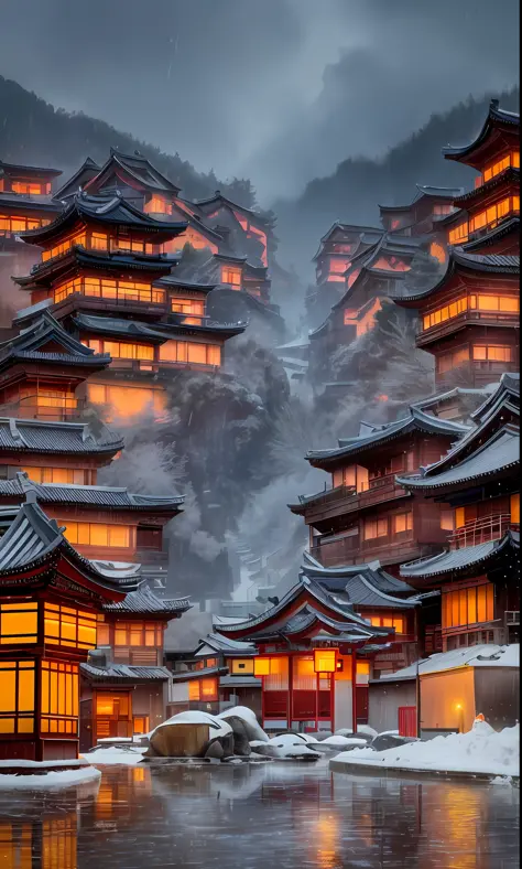 arafed view of a village, lots of lights on buildings, fantastic chinese town, snow day, chinese village, amazing wallpaper, japanese town, japanese village, surreal photo of a small town, old asian village, japanese city, raymond han, rainy night, cyberpu...