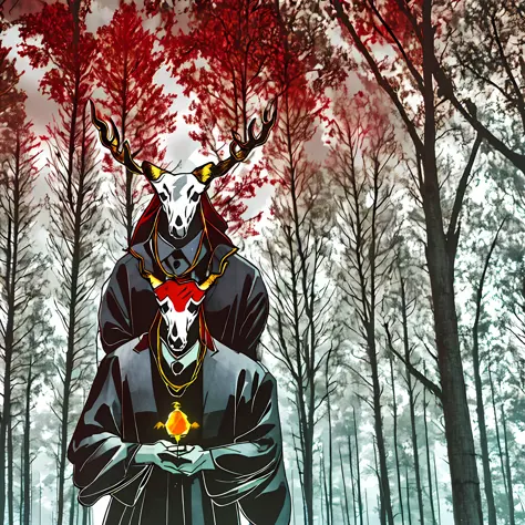 Man with deer skull in place of head, holding a mysterious crystal, red forest forest