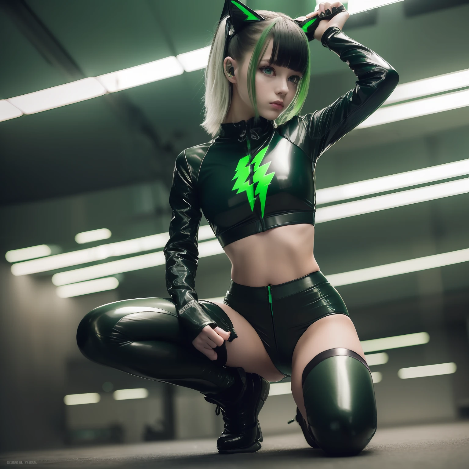 Cyberpunk Edge Runners, 1 Girl, Lucy \ (Cyberpunk \), Green Eyes, Cyber Eye, , Pale Skin,  Figure, (Medium Chest, Wild Girl, Small Head)), Sunlight, Sunlight, (Perfect Body: 1,1), (Young), (Short Wavy Hair: 1,2), ((Green and Black Two-Tone Hair)), (Hair with Bangs)), Collar, Full Length, Crowded Street Black latex panties, (wearing tight cropped ((green lightning pattern, black latex sports bra), (black latex panties)), (highly detailed CG 8k wallpaper), (very delicate and beautiful), (masterpiece), (best quality: 1.0), (super high definition: 1.0), gorgeous lighting, perfect flash, realistic shadows, [high resolution], detail skin, Very detailed, pale skin, barefoot,(green cat ears)